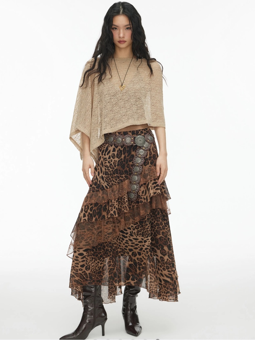 Leopard Print Ruffle Tier Maxi Skirt - Brown